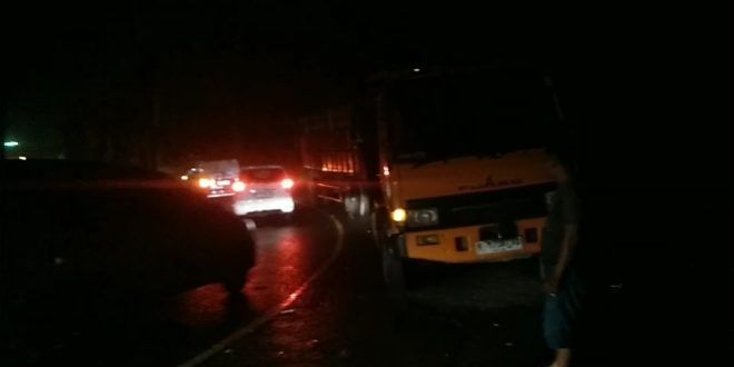 Truk Muat Kayu Mengalami Kendala saat melintas di Jalur Gumitir malam hari ini. (Foto. Wiji Hariyanto)