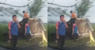 Truk box mengalami kecelakaan tunggal di Jalan Raya Jatiroto, Lumajang, pada Rabu 7 Mei 2025 sore sedang dievakuasi. (Foto. Muhammad Junaidi)