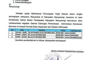 Siaga Pajak Kendaraan! Bapenda Banyuwangi Keluarkan Surat Operasi Gabungan di Tiga Kecamatan